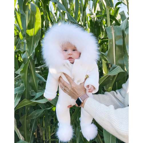 Fox fur trim/pompoms pramsuit, 9-12M