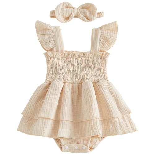 Karoyedx Baby Girl Clothes Baby Girl Summer Clothes Newborn Outfit Ruffle Romper Infant Baby Dress Bow Headband Beige Size,Newborn