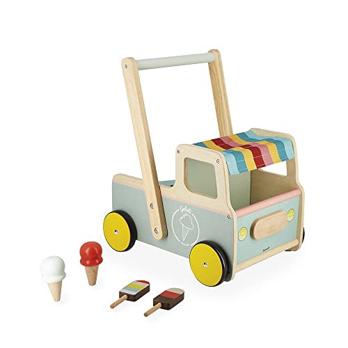 Janod - Janod - Wooden Pull-Along Ice Cream Cart/Trolley - 4 Ice Creams Included - Silent Wheels - Anti-Tip System - FSC-Certified - Water-Based Paint - 1 Year, J08049
