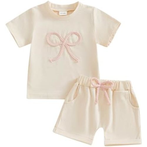 Infant Toddler Baby Girl Summer Clothes Bow Embroidery Short Sleeve T Shirts Top Shorts 2 Piece Summer Outfits Set