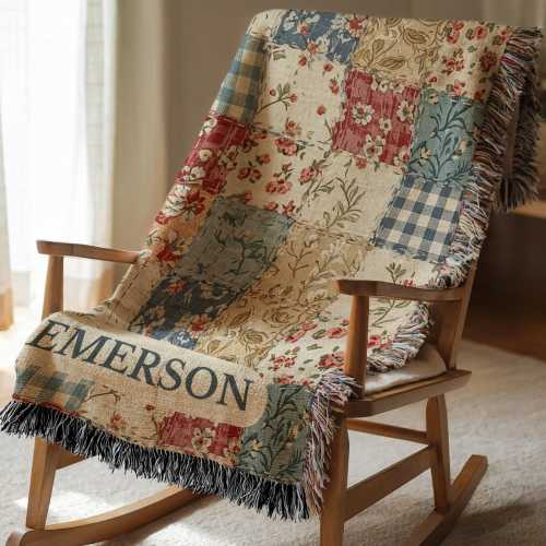 Personalized Floral Baby Blanket Baby Name Blanket Patchwork Inspired Grandmillennial Floral Patchwork Woven Cotton Blanket Baby Shower Gift