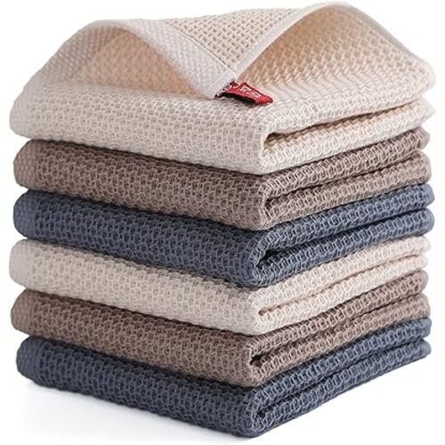 Dish Cloth for Kitchen 6 Packs Cotton Cleaning Rags in Waffle Wave, Ultra Soft Super Absorbent Dishcloth for Washing Dishes, 13” x 13” Quick Drying Reusable Dish Towels for Home Kitchen (Mixed Color)