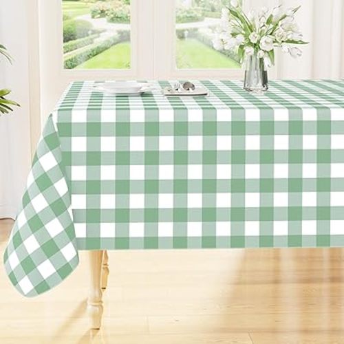 Smiry Rectangle Table Cloth, Waterproof Vinyl Tablecloths with Flannel Backing, Wipeable Buffalo Plaid Table Cover for Indoor and Outdoor (Sage Green & White, 60"x84")