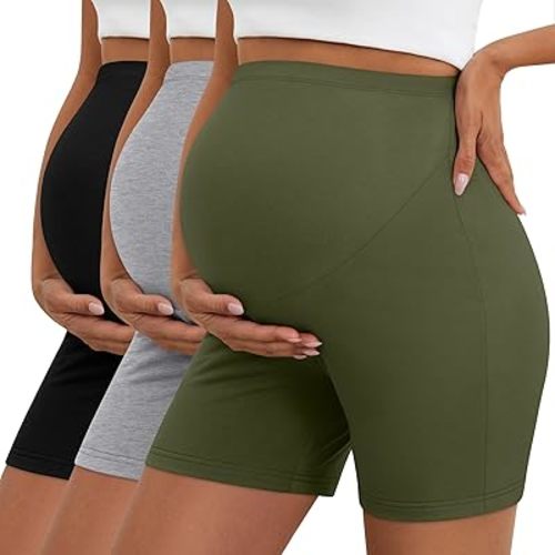 3 Pack Women's Maternity Shorts Cotton Over Belly Pregnancy High Waisted Summer Lounge Sleep Pajama Biker Shorts(Army Green, Light Gray, Black,XX-Large)