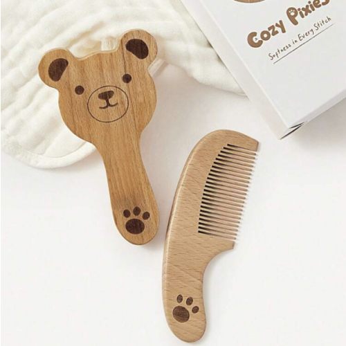 Cozy Pixies 2 Pieces Set Of Baby Care Tools, Wool Bear Wooden Comb Brush, Gift Box Set, Newborn Comb Brush.