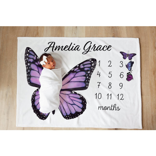 Purple Butterfly Milestone Blanket PERSONALIZED Purple Butterfly Baby Shower Gift Baby Girl Butterfly Gift for Baby Month Tracker Blanket