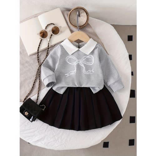 9-12 A Set for Girls Featuring a Black Pleated Skirt, a Sweatshirt with a Faux Layered Design, And a Shirt Collar Adorned with a Bow Print, Suitable for Spring And Autumn, for Outdoor