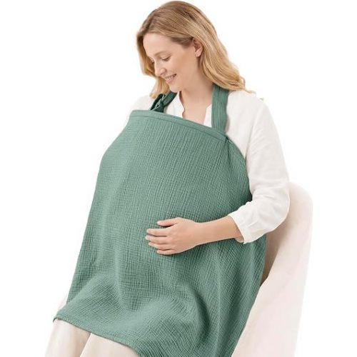 Blissful Diary Muslin Nursing Cover for Breastfeeding, Breathable Breastfeeding Cover up with Arch Neckline for Women, Nursing Apron (Roman Green)