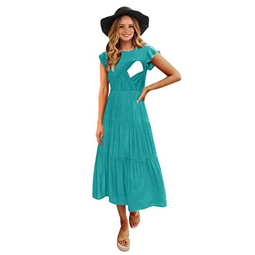 CzzzyL Womens Flutter Short Sleeve Smocked Tiered Nursing Dress for Breastfeeding