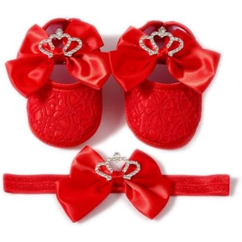 Newbron Baby Girls Mary Jane Shoes with Headband Soft Sole Anti-skidding Crown Bowknot Lace Princess Flats Infant Shower Wedding Dress Crib Shoes