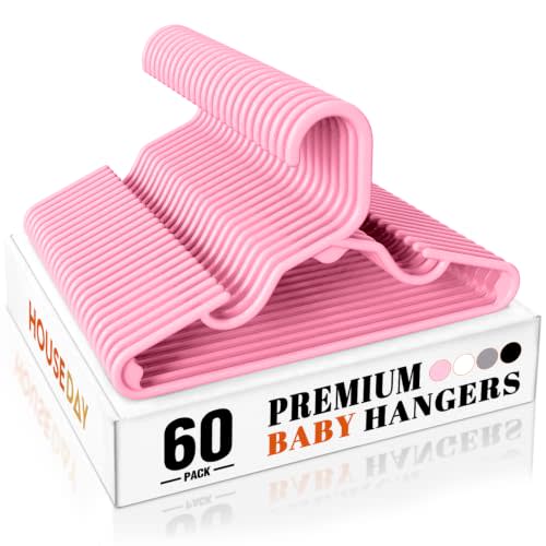 HOUSE DAY Pink Baby Hangers 60 Pack, Sturdy 11.5" Kids Hangers for Closet | Childrens Hangers for Newborn, Toddler, and Child Clothes, Smooth Edges, Non-Slip Notches Hold Straps and Slim Closet Storage