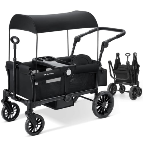 ELEMARA Stroller Wagon for 2 Kids, Foldable Wagon Stroller, Premium All Terrain Wagon for Kids, Kids Wagon Cart w/Removable Canopy, Adjustable Push/Pull Handle, Harnesses, Large Storage Bag, Black