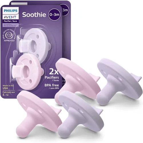 Philips Avent Soothie Orthodontic Baby Pacifiers, 100% Silicone Pacifiers, One Piece, BPA-Free, for Babies 0-3 Months, 2 Lilac and 2 Pink, 4 Pack, Model SCF190/70