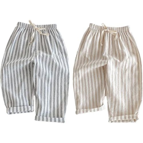 Ashmyova Classic Casual Pants for Boys Thin Cotton Stripe Elastics Waist Spring Summer Trousers Toddler Long Pants 2Pcs