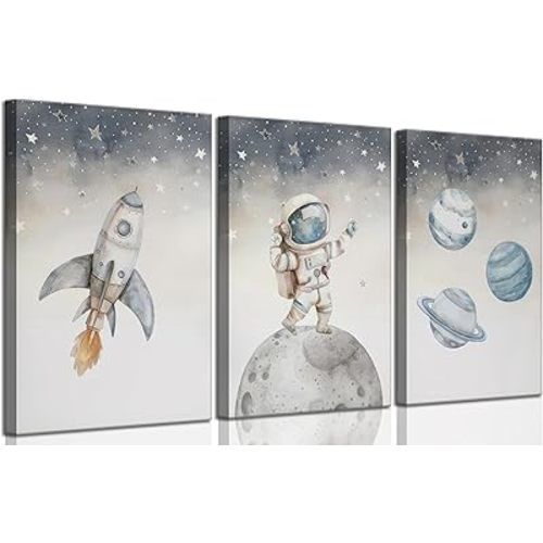 3 Pcs Space Nursery Canvas Wall Art Whimsical Outer Space Astronauts Kid Painting Pictures Wall Decor Poster Print Artwork for Boys Room Girls Room Kids Room Decoration