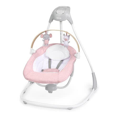 Ingenuity SimpleComfort Compact Soothing Baby Swing, Rotating Toy Bar, Rotating Seat, 6 Speeds, for Ages 0-9 Months, Up to 20 Pounds - Chambray
