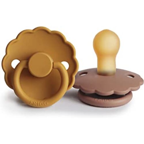 FRIGG Daisy Natural Rubber Baby Pacifier | Made in Denmark | BPA-Free (Rose Gold/Honey Gold, 0-6 Months) 2-Pack