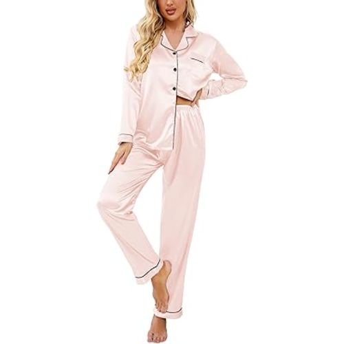 Ekouaer Women's Classic Button Down Long Satin Silk Pajama Set