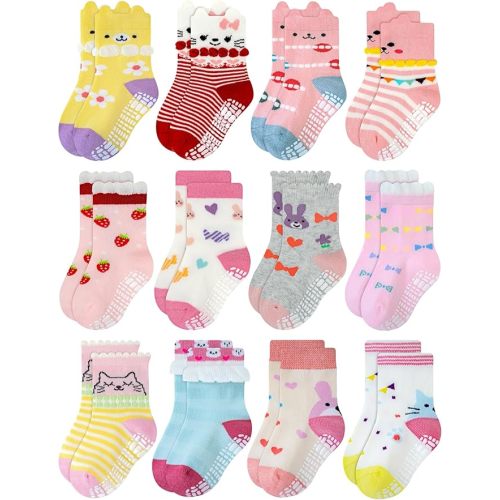 RATIVE Non Skid Anti Slip Cotton Dress Crew Socks With Grips For Baby Infant Toddler Kids Girls