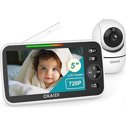 OKAIDI 5 Inch 720P HD Baby Monitor with Camera and Audio, 5000mAh Battery, Remote Pan-Tilt, 3X Zoom, 1000ft Baby Monitor NO WiFi, Night Vision, 2-Way Talk, Temperature, Lullabies