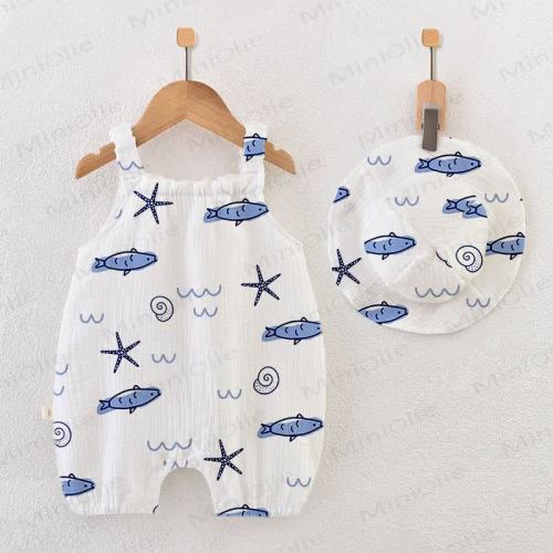 Baby Little Fish Print White Jumpsuit with Hat