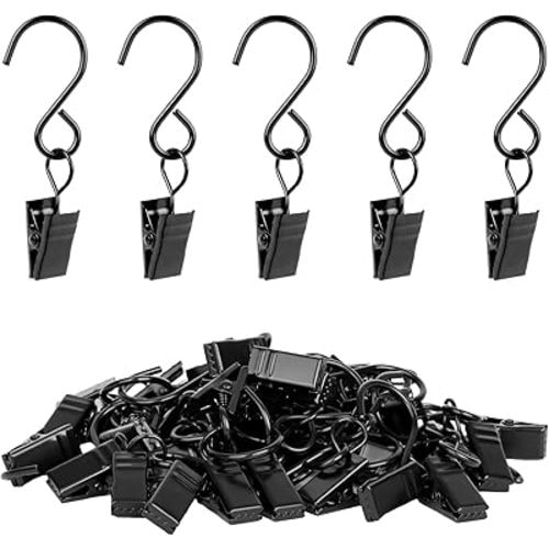 S Hook Curtain Clips, 45 Pack 304 Stainless Steel Hanging Party String Lights Christmas Garden Courtyards Decoration, Gutter Wall-Grid Tent Camper Awning Hangers, 2.4 Inch Black