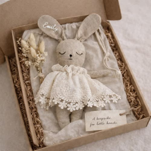 Personalized Linen Bunny Doll, Custom Name & Date, Newborn Keepsake