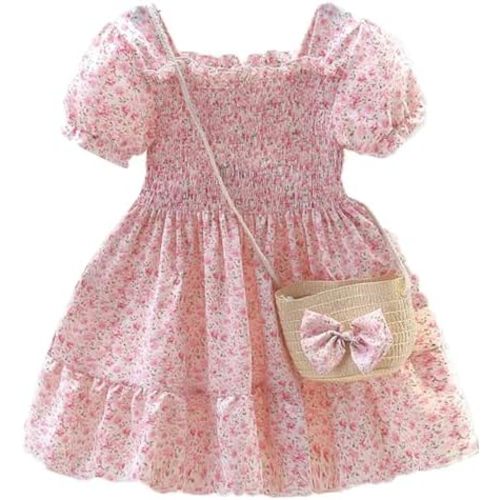 Toddler Girls Floral Dress Square Neck Puff Sleeve A-Line Smocked Dress with Bag Toddler Girls Summer Outfits