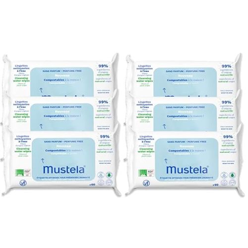 Mustela Baby Home Compostable Cleansing Wipes - For Face, Body & Diaper Area - 99% ingredients of natural origin & plant-based fibers - For all skin types - Fragrance Free Version & Various Sizes