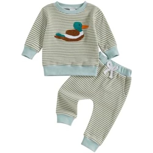 fhutpw Baby Toddler Boy Girl Fall Winter Clothes Embroidery Stripe Pullover Pants Sets Infant Long Sleeve Sweatshirt Outfits (Green Duck, 12-18 Months)