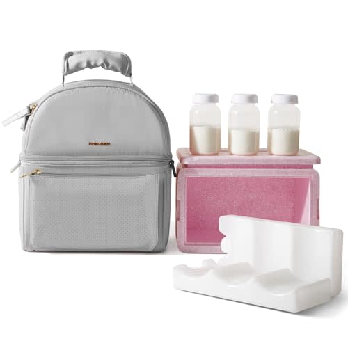 Sunveno Breastmilk Cooler Bag Set with 2 Ice Packs & Detachable Insulation Box, 15-Hour Cold Retention Foil-Lined Leak-Proof Tote Fits 3 Baby Bottles for On-The-Go Pumping Moms, Daycare & Travel,Grey