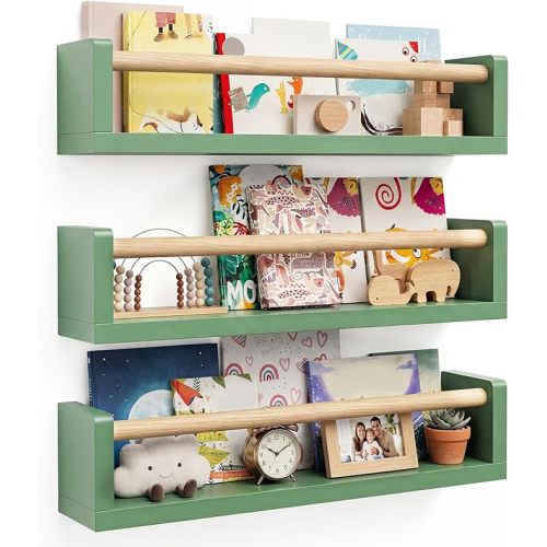 3 Pack Floating Nursery Book Shelves 16 Inch Green Wall Bookshelf Wooden Hanging Bookshelves Scalloped Shelves Wall Shelf for Bedroom, Living Room, Bathroom Kitchen Toy and Decor Storage