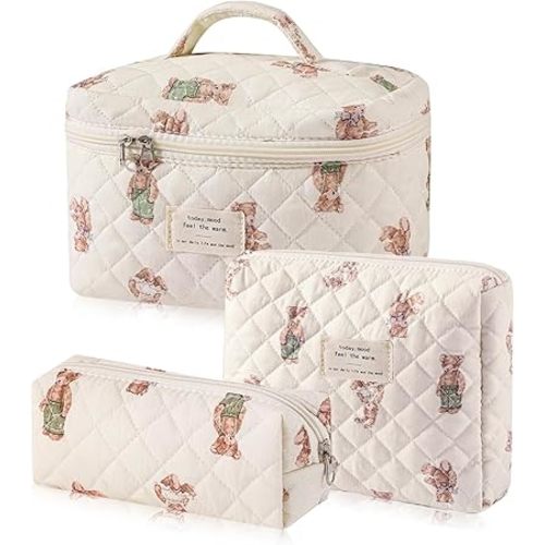 3 Pcs Cotton Quilted Makeup Bag Set, Floral Cotton Cosmetic Bag, Aesthetic Toiletry Travel Organizer Bag for Women Girls (Bear)