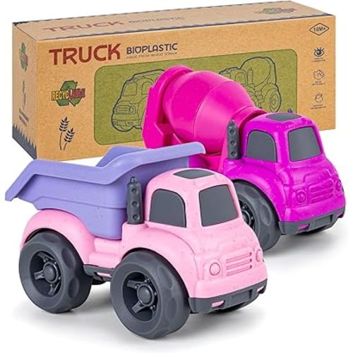 Dump Truck Toys for 3 Year Old Boys, BPA Free, Phthalates Free, PVC, Dump Truck, Mixer Cement, Easter Christmas Birthday Gifts for 2 3 4 Year Boy Girl. Dishwasher Safe,Recycled Plastic (Pink)