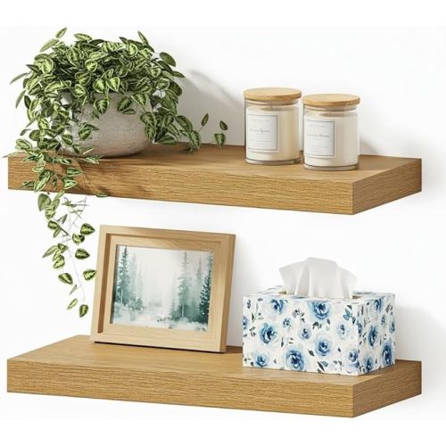 Vivelove Floating Shelves for Wall Mounted, 16 inchs Shelf for Small Bathroom, Bedroom, Living Room, Kitchen, Modern Home Decor, Rustic Farmhouse Wall Shelves with Invisible Brackets - Set of 2, Oak