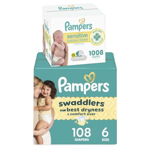 Pampers Swaddlers Disposable Baby Diapers Size 6, 108 Count with Sensitive Water Based Baby Wipes 12 Flip-Top Packs (1008 Wipes Total)