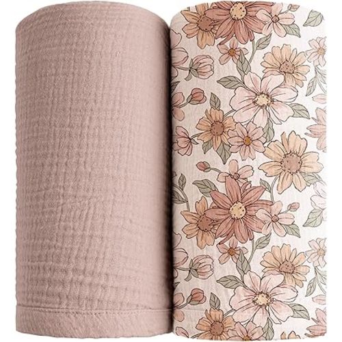 Konssy Muslin Swaddle Blankets for Boys Girls, 2 Pack Receiving Baby Blanket Large 47 x 47 inches, Soft Breathable Swaddling Wrap for Unisex Newborn (Vintage Petals,Taupe)