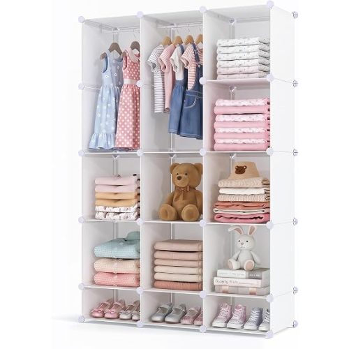 Costzon Modular Baby Wardrobe Closet, 13-Cube DIY Plastic Kids Storage Organizer with Hanging Rods & Open Shelves for Clothes, Portable Stackable Storage Solution for Nursery, Bedroom (White)