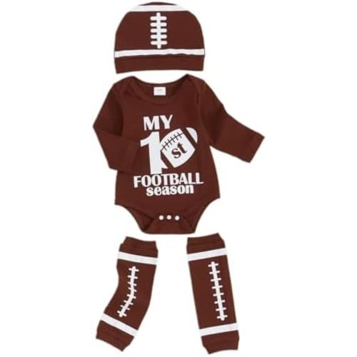 FIOMVA My First Football Season Outfits Baby Boy Football Jersey Onesie Romper+Leg Warmer+Hat Set Fall Winter Clothes