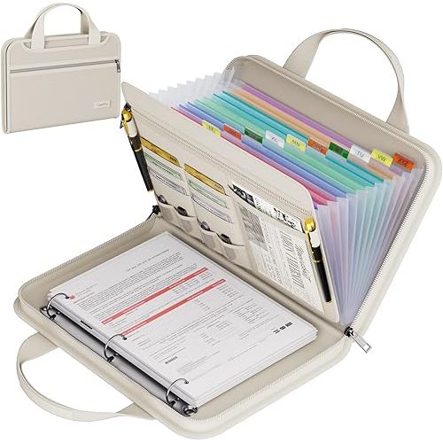 Fireproof Accordion File Organizer with Handle, 13 Pocket Expanding File Folder with Zipper & Labels, File Folder with 3 Ring Binder, Multi Pockets Paper Organizer Folder for Letter A4 Files (Beige)