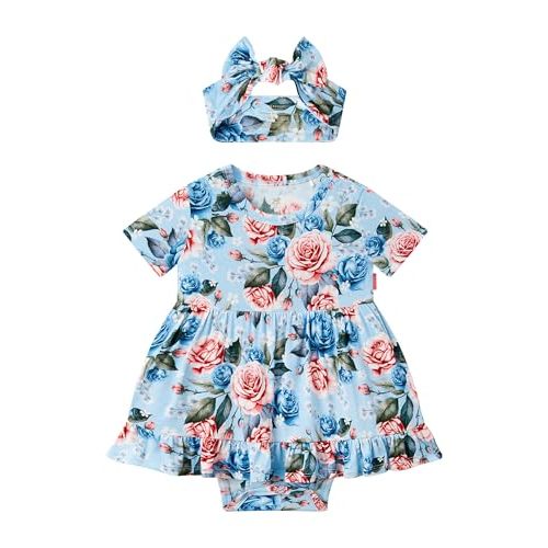 EASWEET Infant Baby Girl Bodysuit Dress with Hairband Set, Bamboo Viscose Summer Clothes Outfit