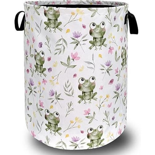 Cute Frog Laundry Hamper Foldable With Handles Kawaii Frogs Tote Bag Universal Oxford Cloth Funny Laundry Basket Clothes Toy Storage Bucket 18.9" x 16.5" For Bathroom/Laundry/Bedroom