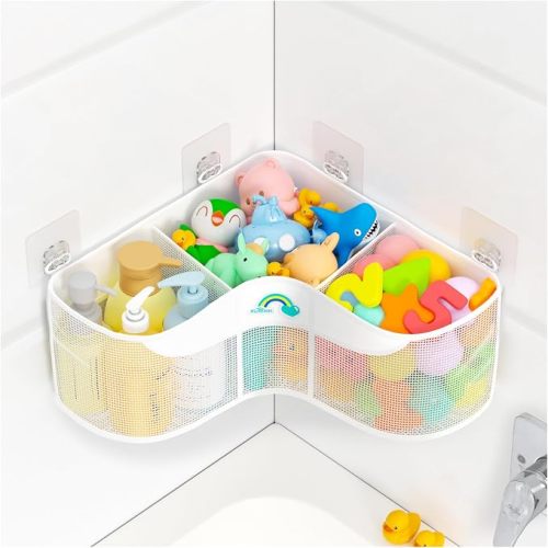 Austion 3-Compartment Corner Bath Toy Storage Organizer for Tub - Wide-Opening Mesh Kids Bath Toy Holder with Easy Sorting & Storage, Quick-Drying Machine-Washable Bathroom Organizer for Tidy Bathtub