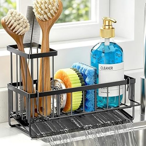 Sponge Holder for Kitchen Sink, Kitchen Sink Caddy, Kitchen Sink Sponge Holder, Dish Sponge Holder, Kitchen Sink Organizer for Sponge, Dish Brush, Scrubber(9.65" x 3.74" x 6.3", Black)