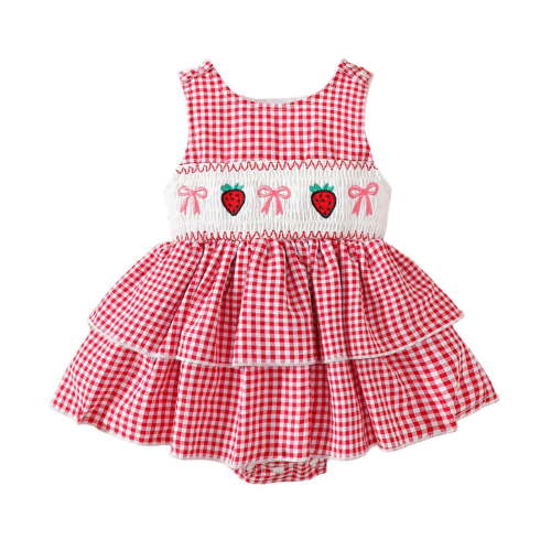 Baby Girl Rompers Summer Toddler Girls Plaid Printed Strawberry Embroidered Sleeveless Breathable Jumpsuit with Snap Buttons Baby Bubble Romper Red 0 Months-3 Months
