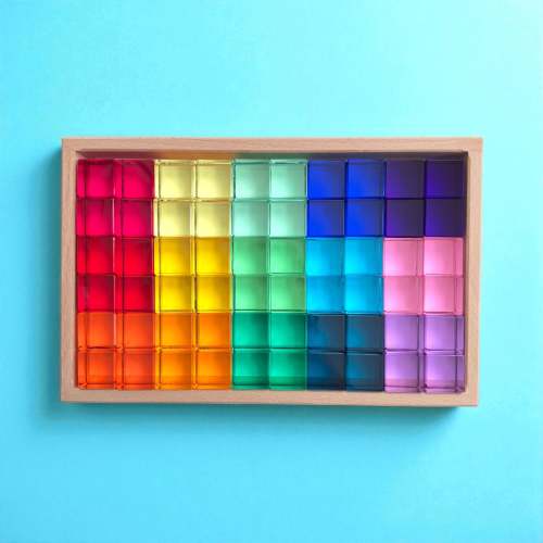 60 Pcs Crystal-Clear Acrylic Rainbow Cubes with Wooden Tray – 15 Colors