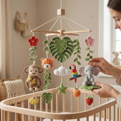 Handmade Jungle Baby Mobile, Safari Animal Crib Mobile with Monkey Tiger Elephant Parrot, Tropical Nursery Decor, Custom Baby Gift