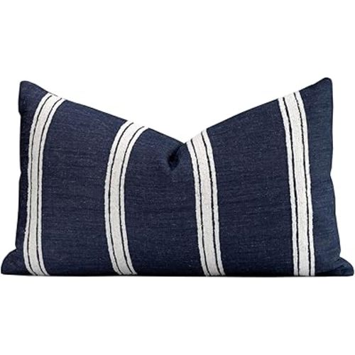 Crumbs Home Coastal Linen Indoor Outdoor Lumbar Pillow Cover Only, 12"x20" Water Repellent for Patio, Backyard, Couch, Dark Navy Neutral Embroidered Stripes