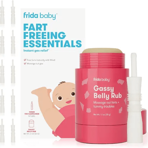Frida Baby Fart Freeing Essentials | Includes Windi and Gassy Belly Rub for Safe, Natural, and Instant Gas Relief for Infants and Babies