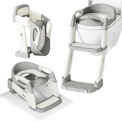 3 in 1 Potty Training Seat for Toddlers Adjustable Toilet Trainer with Anti-Slip Steps and Splash Guard Converts to Step Stool & Child Toilet Chair Foldable Design for Boys & Girls(Grey)